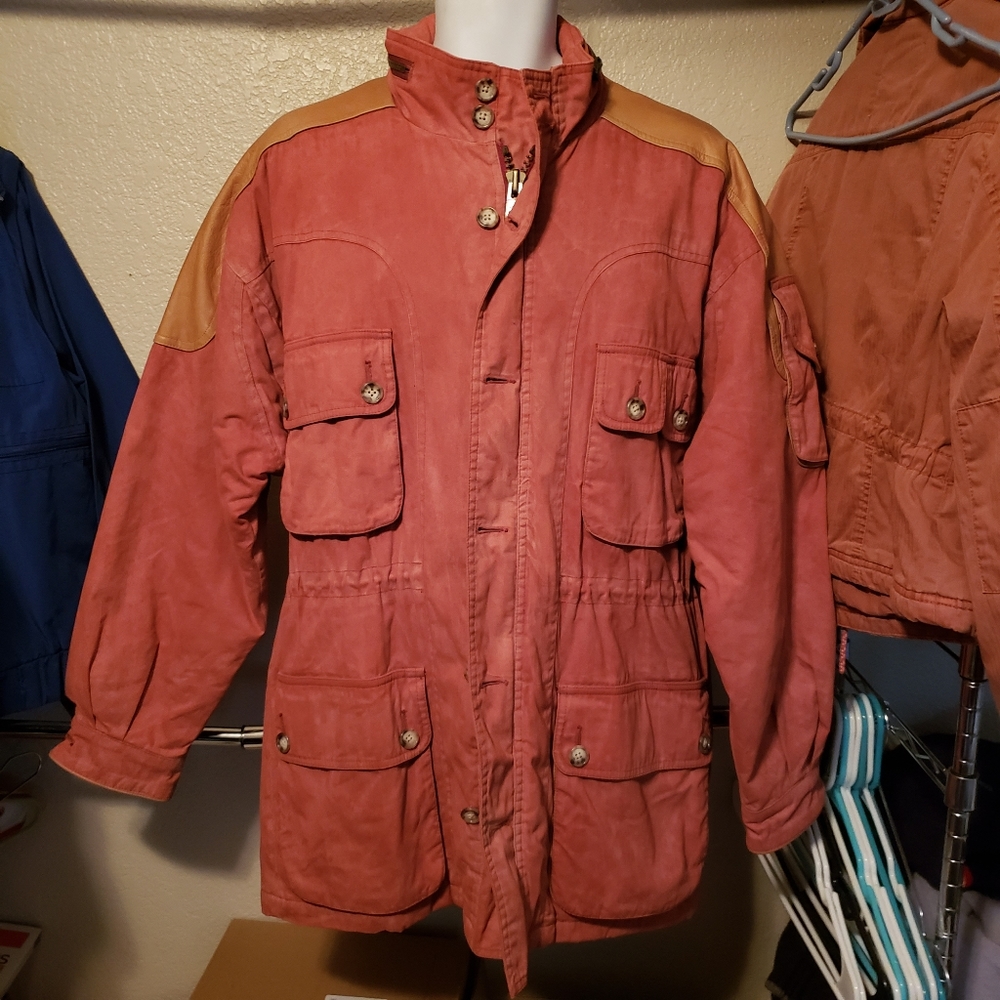 Willis & Geiger Cotton Suede Leather Safari Jacket Plaid Lined Small Orange Tan